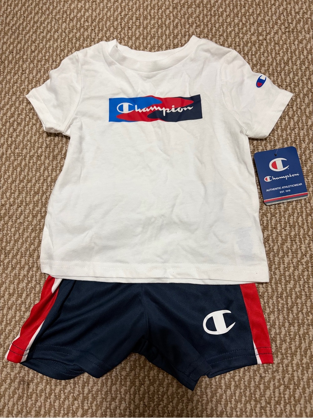 Champion boys 18M White Tee with Red & Navy Logo and Navy Shorts set